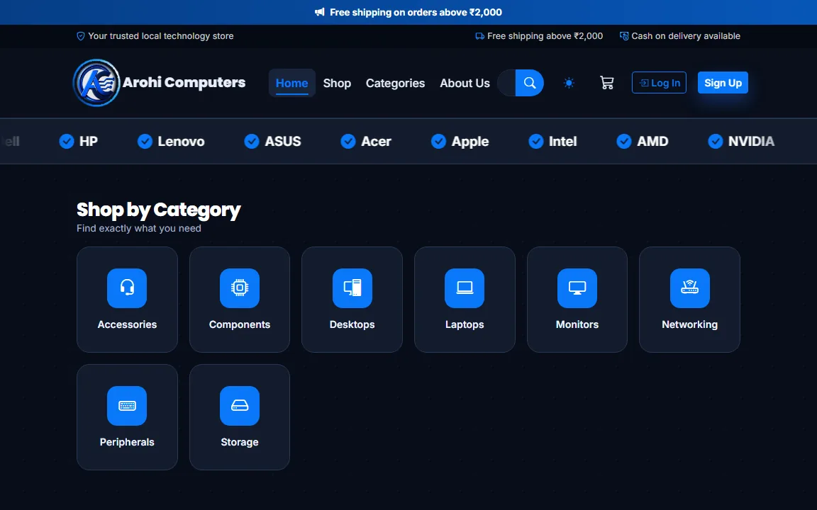 Arohi Computers online store built by Codora, showing the brand strip and product categories